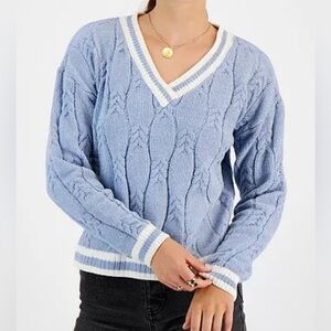Hippie Rose cable-knit V-neck sweater indigo blue white cuff stripe SMALL NWT